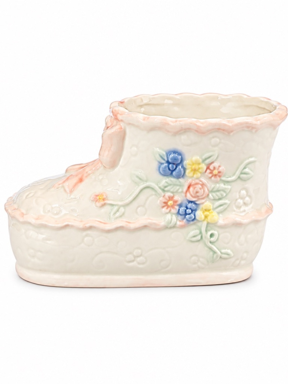 VINTAGE Baby Bootie Shoe Vase in Cream and Pastel Colors! Adorable! 5"x3.5"